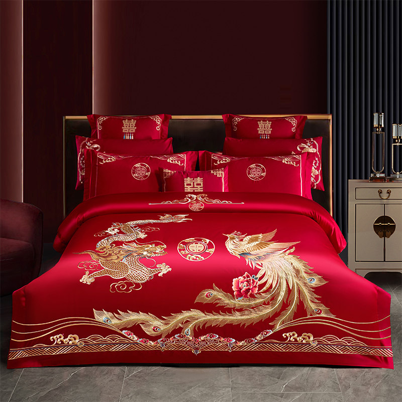结婚四件套床上用品新婚喜被床单喜嫁婚庆长绒棉刺绣龙凤六八十件