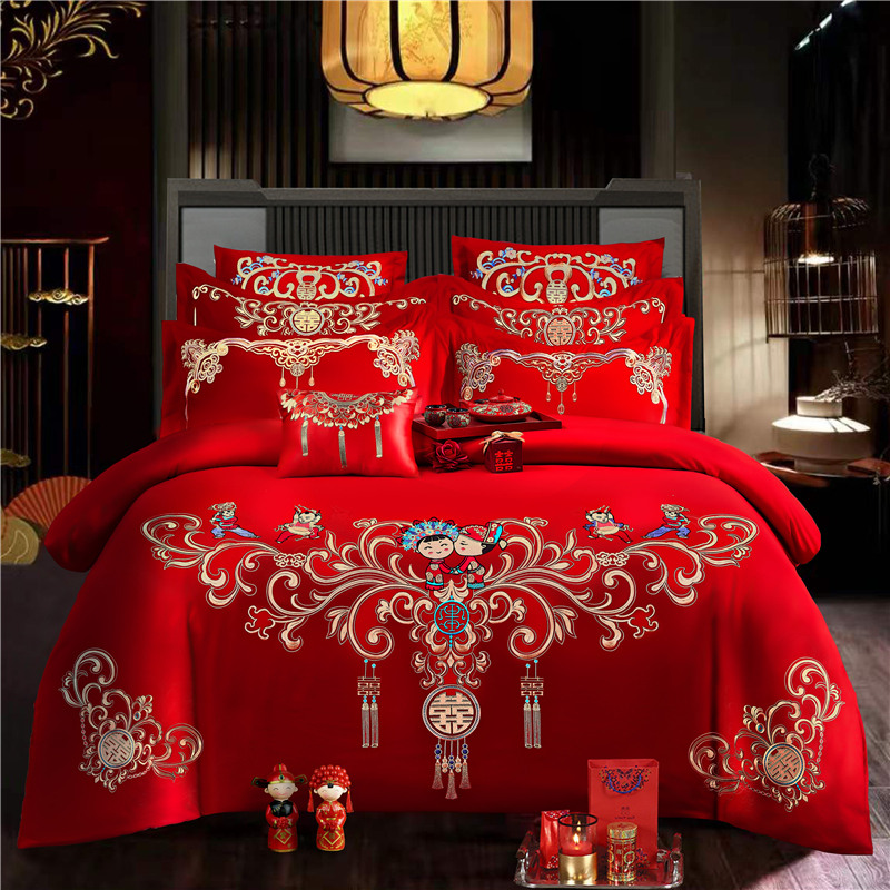 结婚床上用品四件套新婚喜字被套红色婚庆床单婚嫁子孙图婚床刺绣