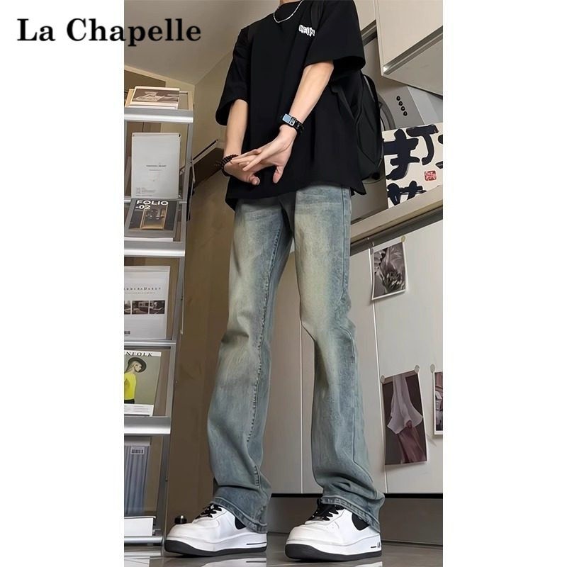 拉夏贝尔直筒牛仔裤男秋冬加绒加厚裤子美式高街vibe显高微喇裤男