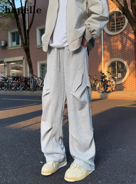 拉夏贝尔灰色卫裤男美式复古潮流直筒宽松休闲褶皱伞兵工装运动裤