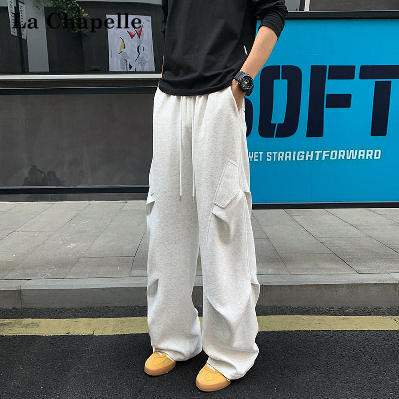 拉夏贝尔褶皱美式卫裤男宽松伞兵弯刀裤子男斜切休闲运动直筒裤男