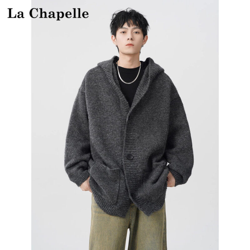 拉夏贝尔高级感灰色连帽毛衣男秋冬加肥大码潮胖人针织开衫外套男