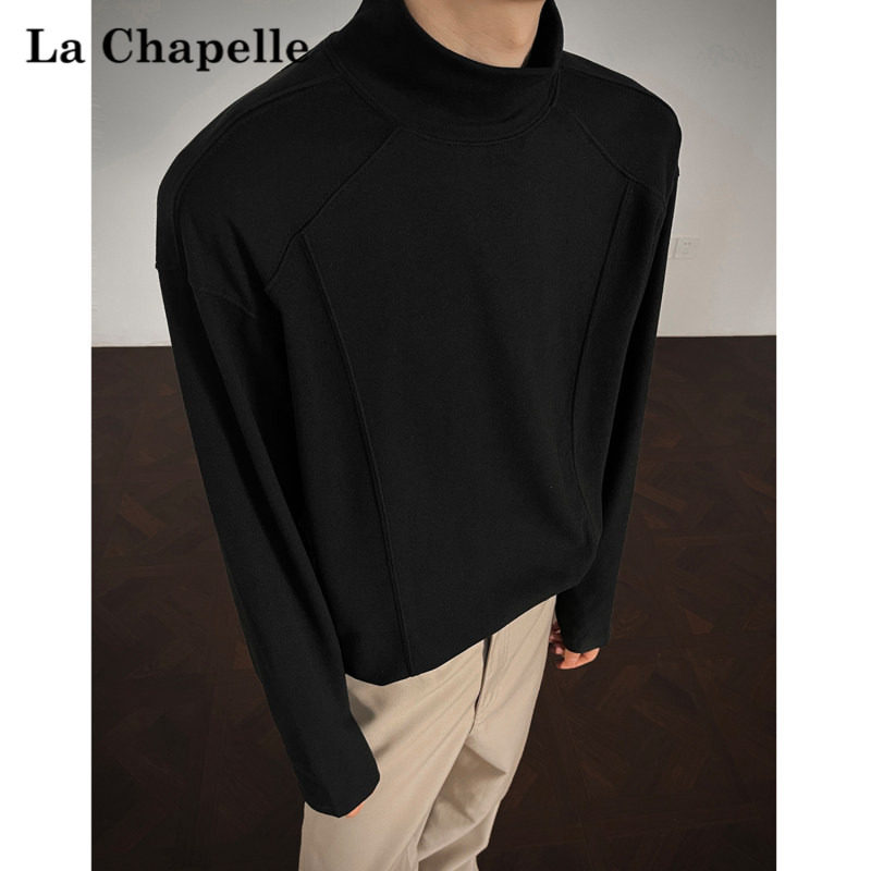 拉夏贝尔黑色德绒半高领打底衫体恤男士秋季宽松美式插肩长袖T恤