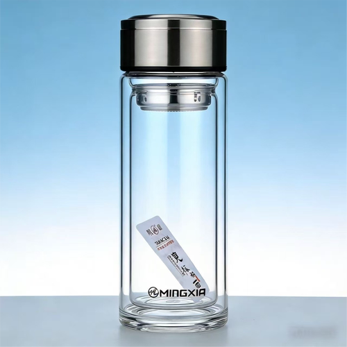 明霞双层玻璃泡茶水杯子定制logo小礼品不锈钢盖订做广告印字9043
