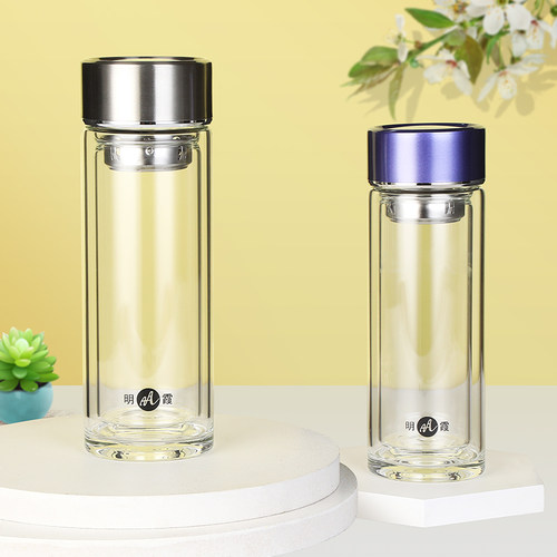 明霞双层玻璃茶杯水杯定制印LOGO