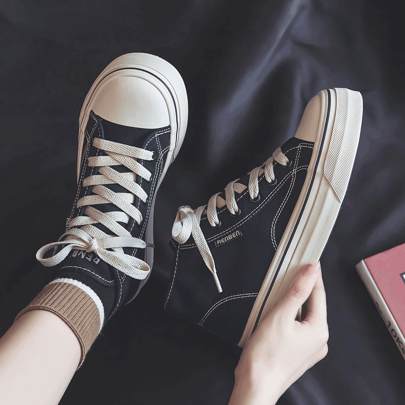 人本高帮帆布鞋女透气百搭球鞋2025秋季新款韩版学生休闲厚底板鞋