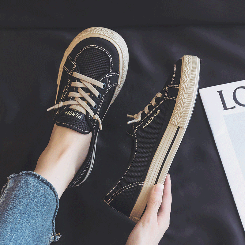 人本帆布鞋女透气网面一脚蹬球鞋2025夏季韩版休闲鞋学生厚底板鞋