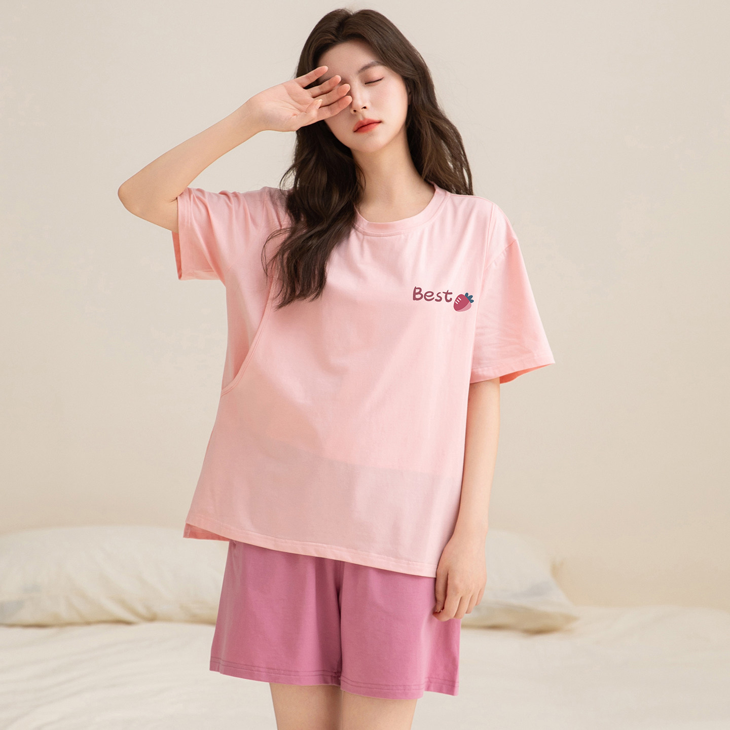 哺乳睡衣夏薄款纯棉A类短袖两件套产后喂奶专用孕妇家居服可外穿