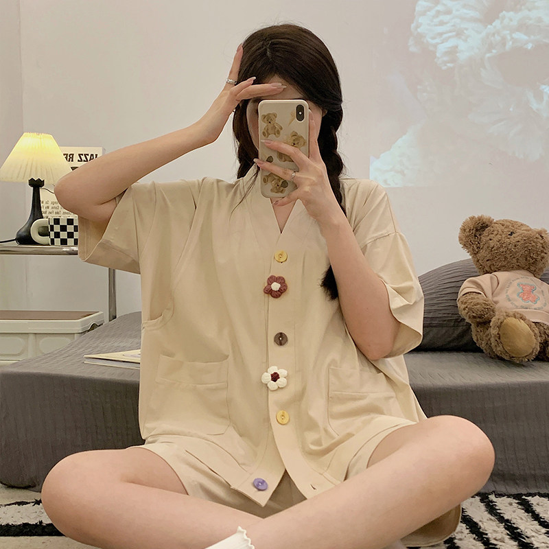 夏季哺乳睡衣短袖带胸垫纯棉A类孕妇睡衣裤子可调节夏薄款两件套