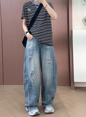 破洞弯刀牛仔裤女薄款大码梨型