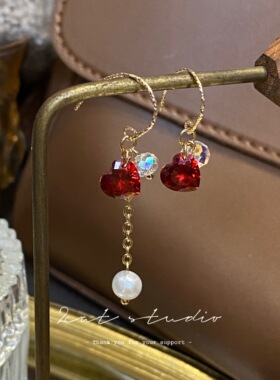 2CAT 原创红色系 温柔百搭爱心红桃酒红锆石水晶珍珠耳环耳夹