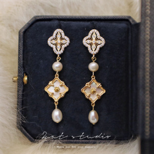 复古宫廷风贝母珍珠浮雕四叶草耳环蚊香耳夹 原创设计法式 2CAT