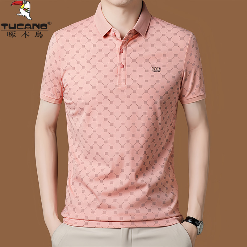 啄木鸟冰丝短袖t恤男2025新款高端潮流百搭翻领宽松桑蚕丝polo衫