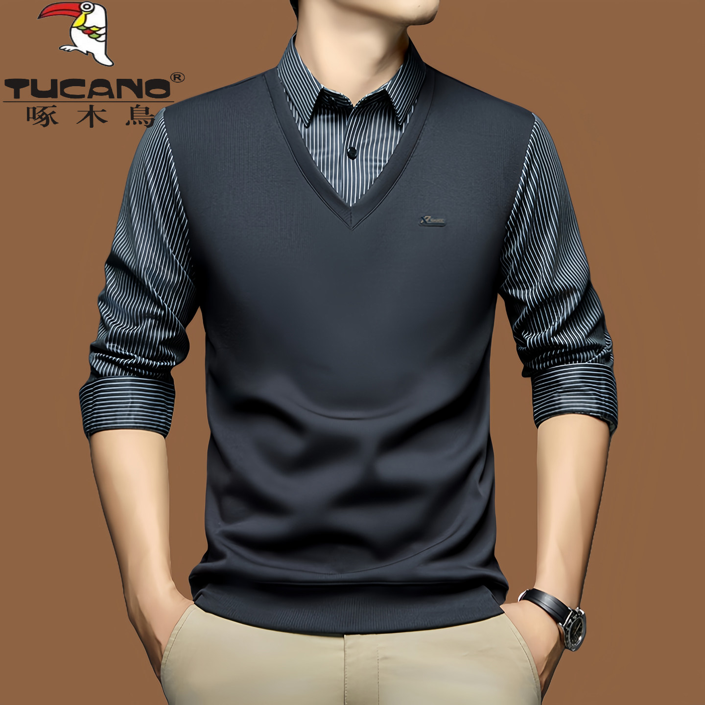 啄木鸟高档假两件羊毛衫男新款春秋薄款毛衣中年休闲衬衫领打底衫