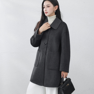 2025年秋冬新款时尚毛呢外套气质显瘦宽松绵羊毛双面大衣女