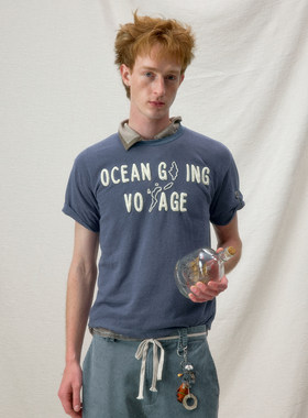 化学制品 航海地图 浪花印字母短袖T恤  T1_BLU/LGY_TSHIRT_160G