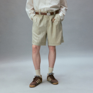 P9_BWN 化学制品 鸭川野餐 古着暗纹垂感褶裥短裤 KHI_SHORTS NVY