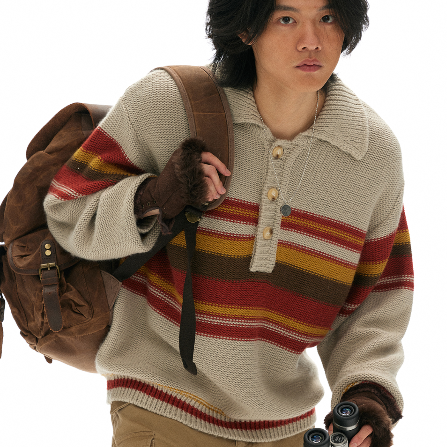 化学制品条纹POLO领猎鹿人毛衣