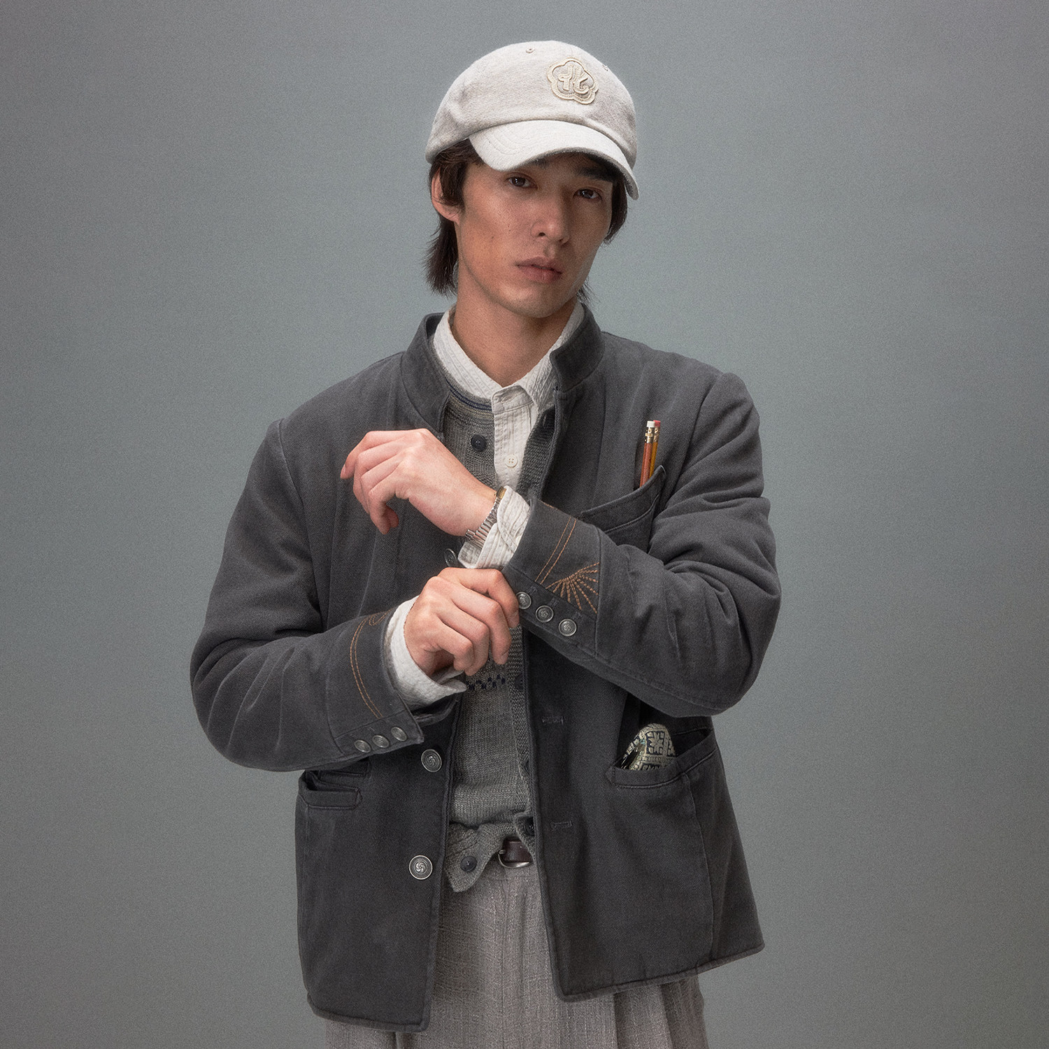 化学制品 昭和褪色晨报 旧日小立领复古夹克 J6_NVY_JACKET