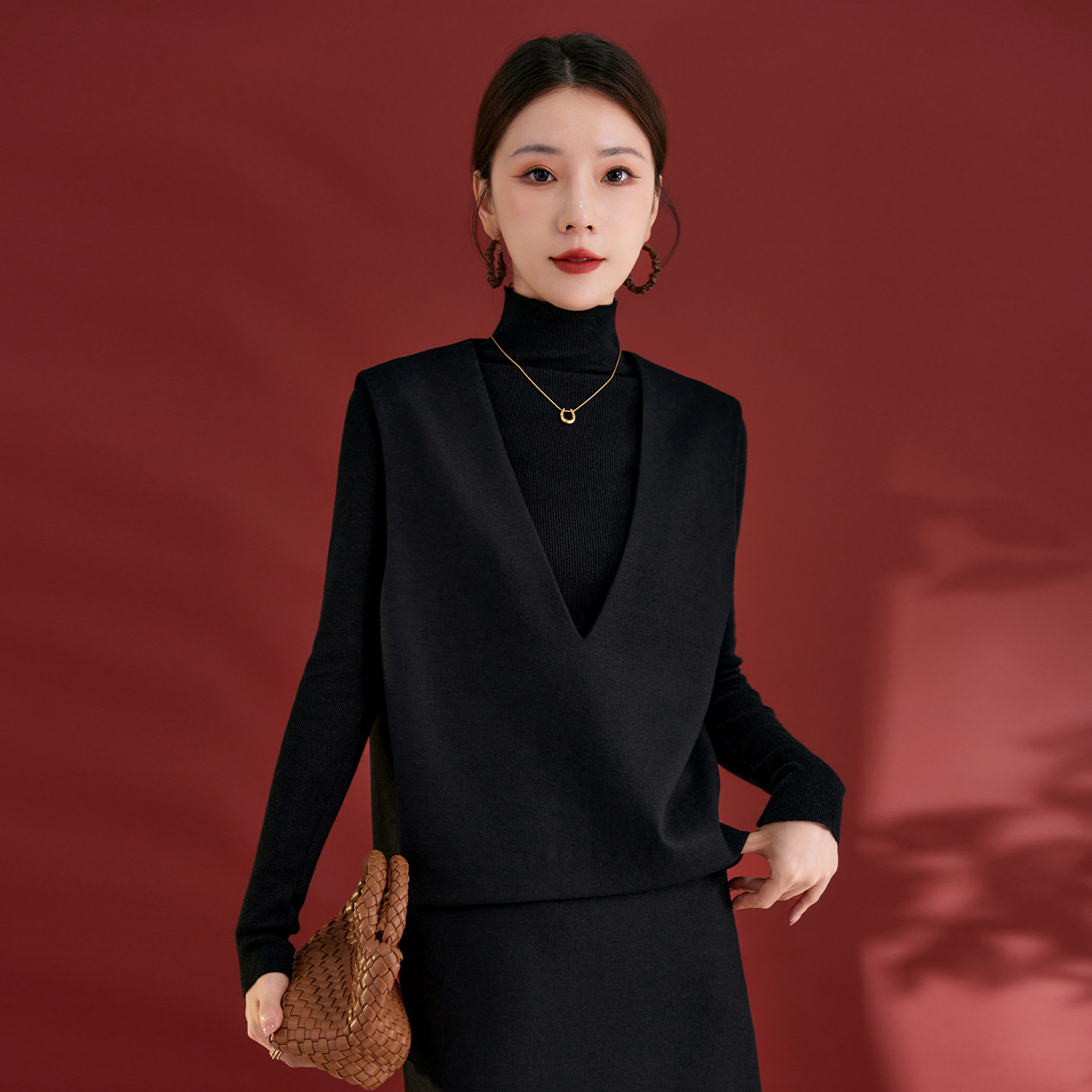 水墨佳人经典百搭显瘦气质马甲秋季新款100绵羊毛纯色上衣女2735