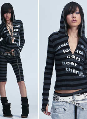 NONAME SPACE羊毛弹力隐拉黑灰条纹铆钉印花指套上衣中裤套装