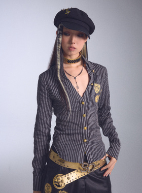 NONAME SPACE无弹修身低领条纹烫金印花翻领长袖衬衫