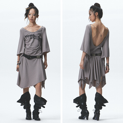 NONAME SPACE弹力前后印花中袖毛边露背不对称百褶连衣裙