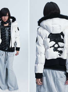 NONAME SPACE男女同款可拆卸帽pu皮狐毛领收腰休闲皮贴棉服外套