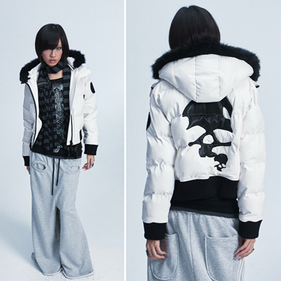 NONAME SPACE男女同款可拆卸帽pu皮狐毛领收腰休闲皮贴棉服外套