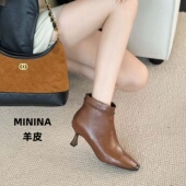 羊皮时装 短靴子女舒适软底气质法式 4厘米小细跟显瘦广州单靴裸靴