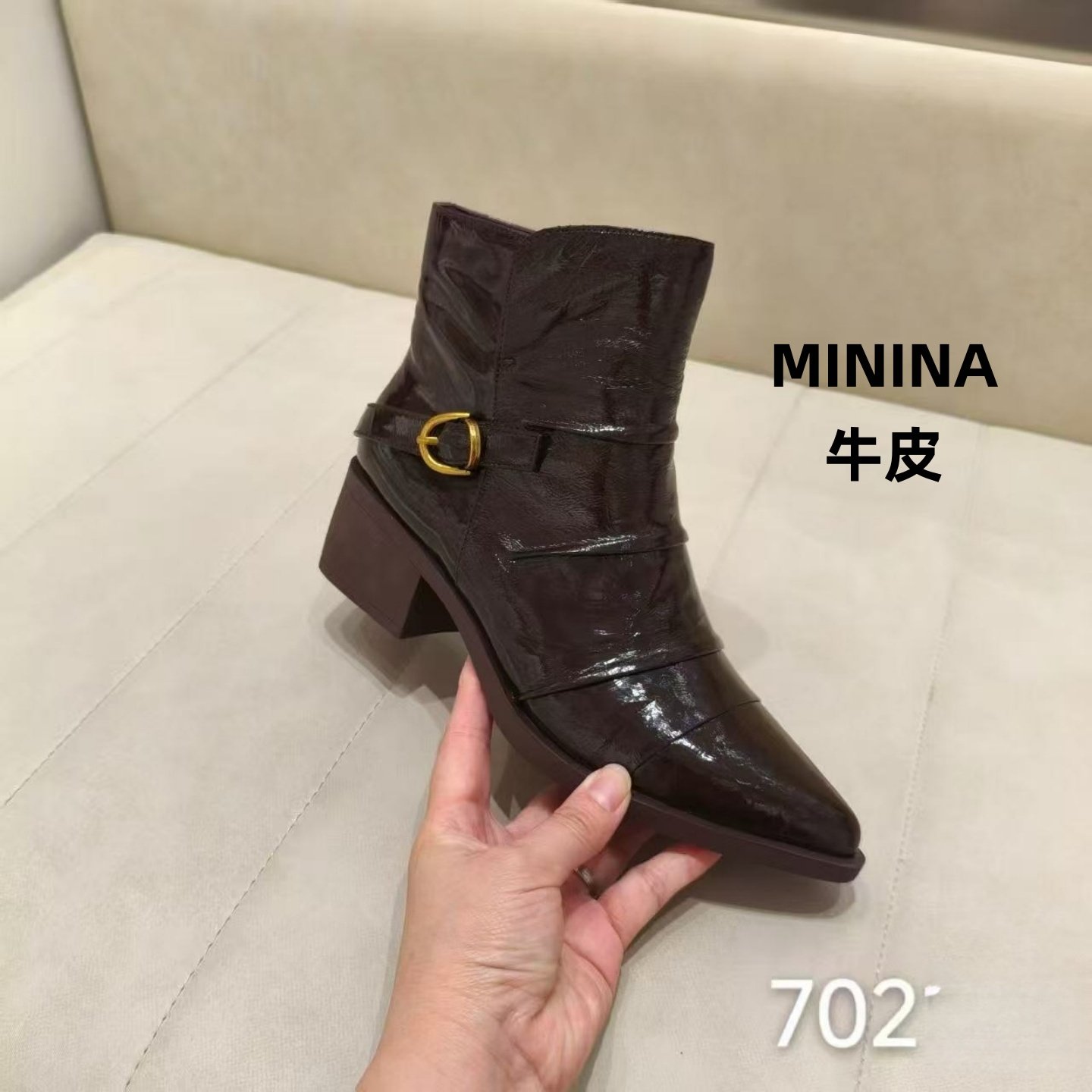 纯皮时装短靴女尖头4厘米小跟气质高级广州法式时装高级马丁单靴