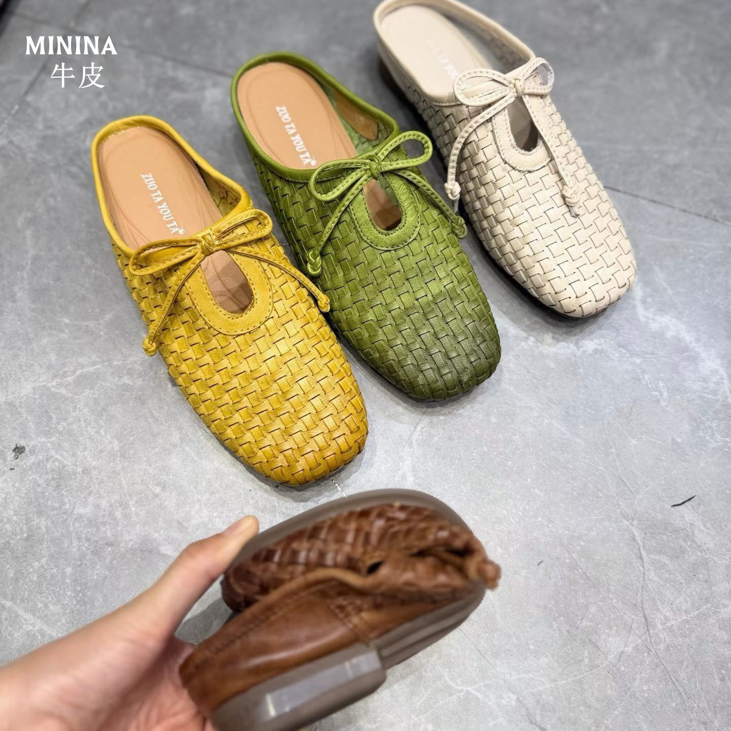 欧洲站纯皮编织皮包头凉拖鞋女软底室外穿豆豆蛋卷鞋半拖广州凉鞋