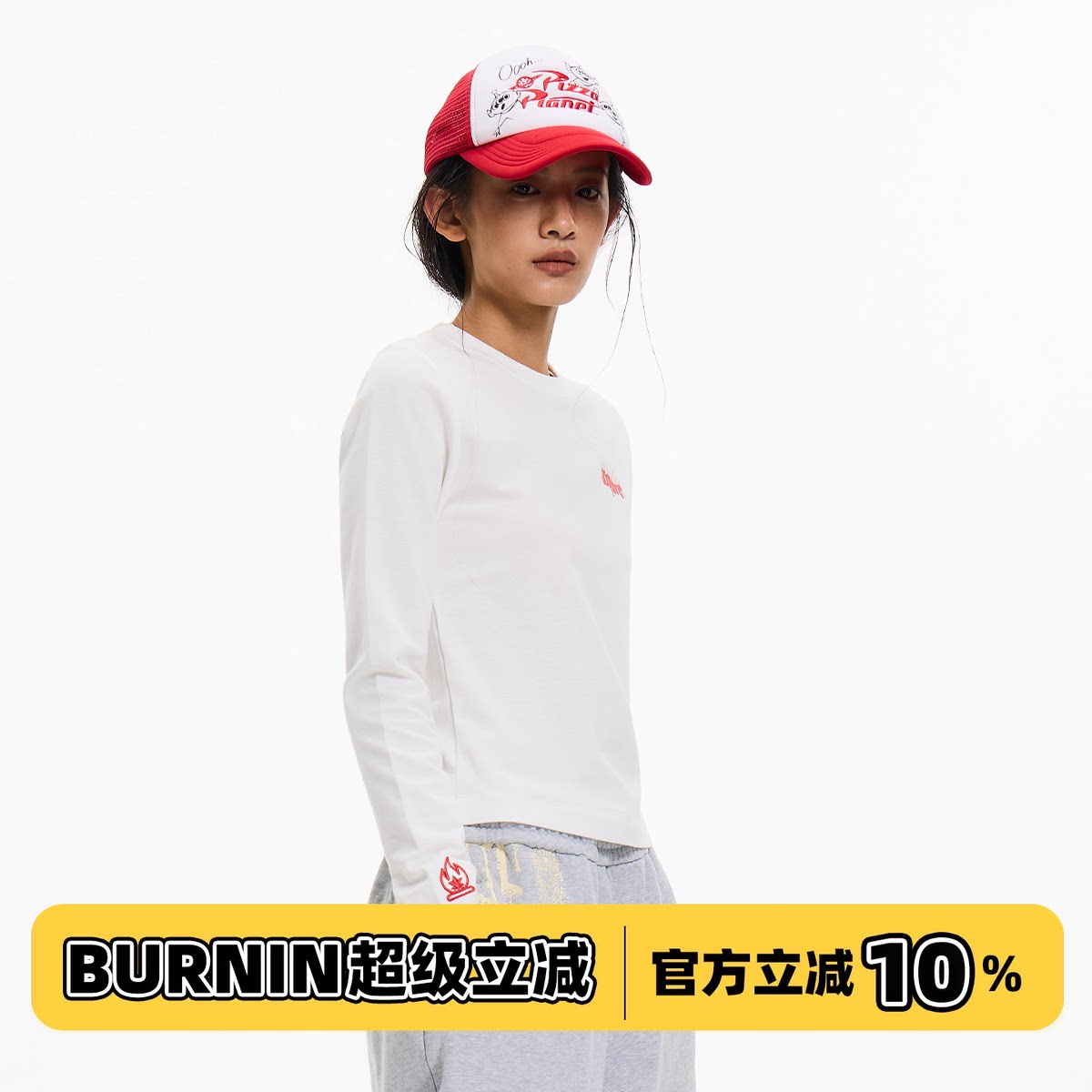 BURNIN*火焰横排LOGO印花女长袖T恤修身气质百搭秋新款内搭打底衫