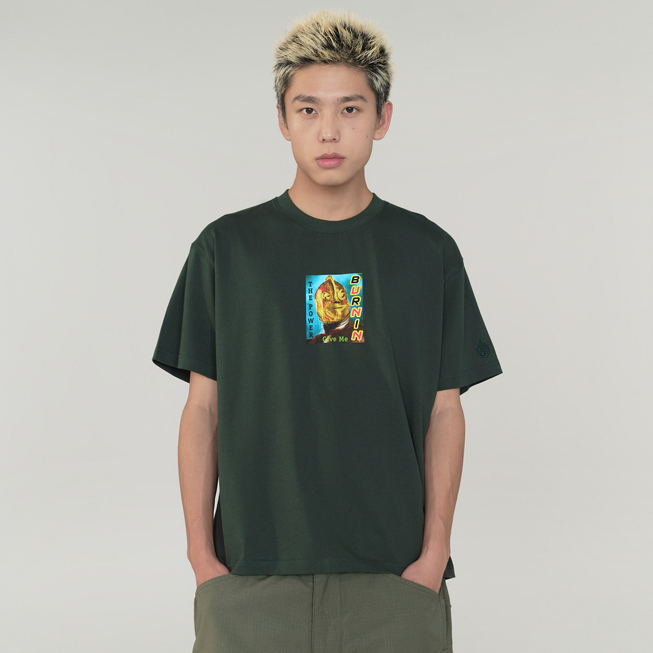 BURNIN*星火火焰面具摔跤手印花短袖T恤宽松休闲国潮牌情侣款上衣