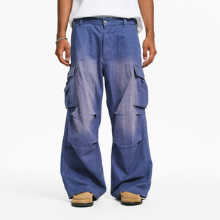 BURNIN*磨毛闪电扎花工装裤男美式街头宽松直筒休闲长裤百搭夏季