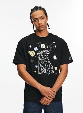 BURNIN*字母小狗印花短袖T恤宽松型圆领2026年春季黑色纯棉上衣