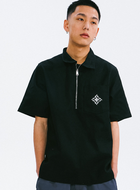 BURNIN* 火苗短袖POLO衫半拉拉链黑色纯棉融合logo刺绣印花上衣