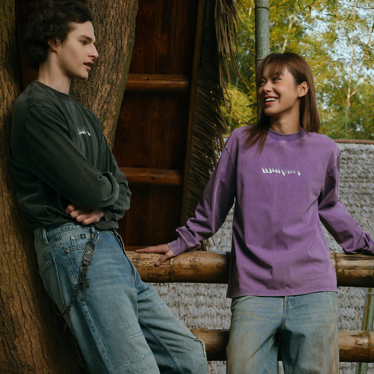 BURNIN*斑驳渐隐横排logo洗水长袖T恤男女复古宽松情侣校园体恤衫