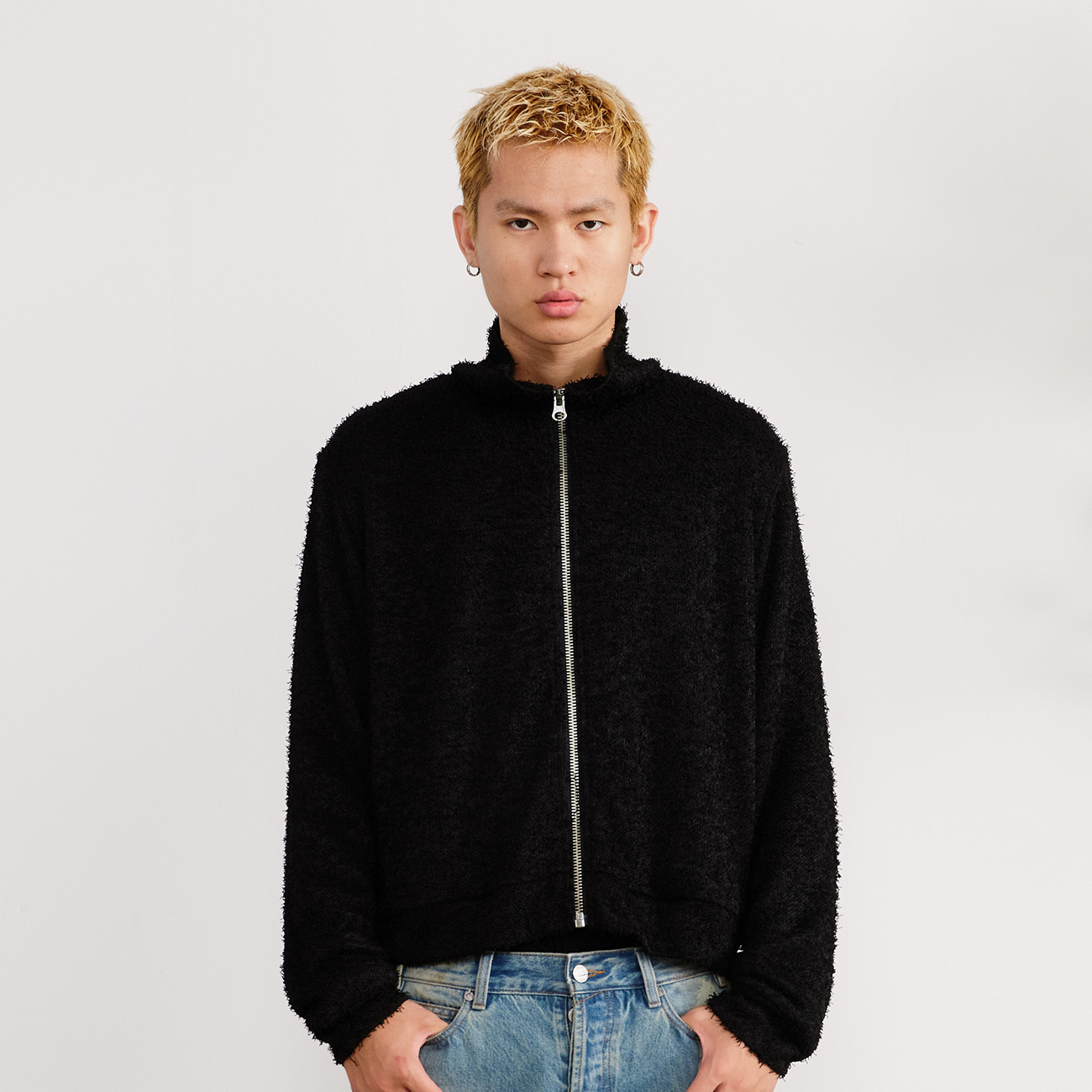 美式街头双层针织拉链开衫