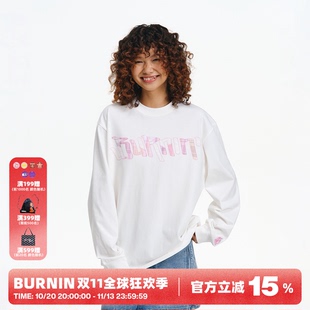 BURNIN*小火苗飞镖贴布绣格子拼接长袖T恤男春秋新款休闲宽松上衣