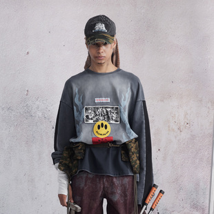 BURNIN*「为人民博宁」做旧复古贴布解构无帽卫衣男圆领宽松上衣