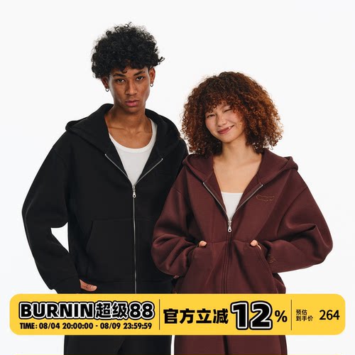 BURNIN*重磅空气层美式开衫连帽卫衣男秋冬宽松基础休闲两件套潮