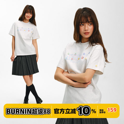 BURNIN*纽扣米粒绣贴布短袖T恤纯棉宽松圆领时尚休闲上衣2026新款