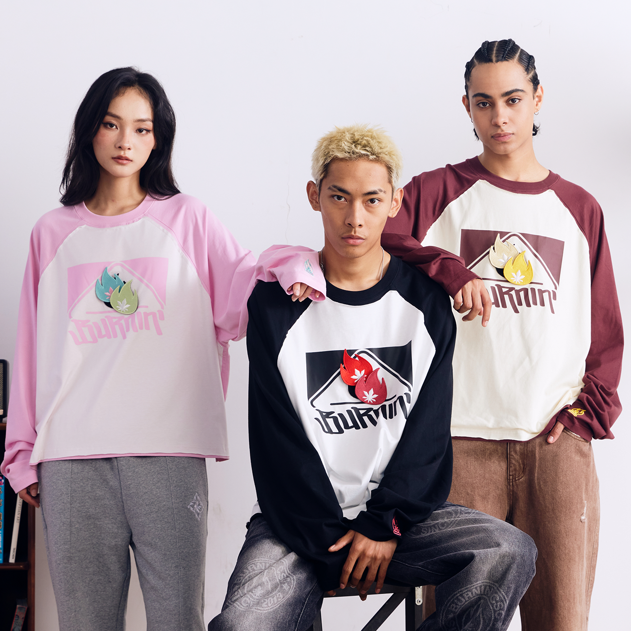 方片LOGO火苗魔术贴插肩长袖T恤