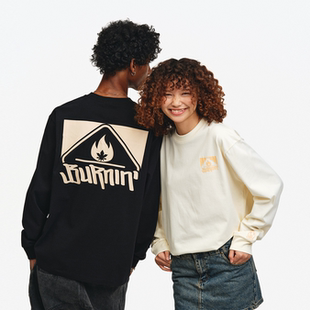 BURNIN*基础圆领方片logo长袖T恤男秋季休闲宽松情侣衫上衣百搭潮