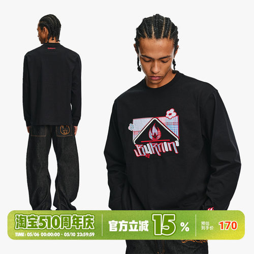 BURNIN*格纹拼接方片logo长袖t恤纯棉2026年春季新款街头风上衣