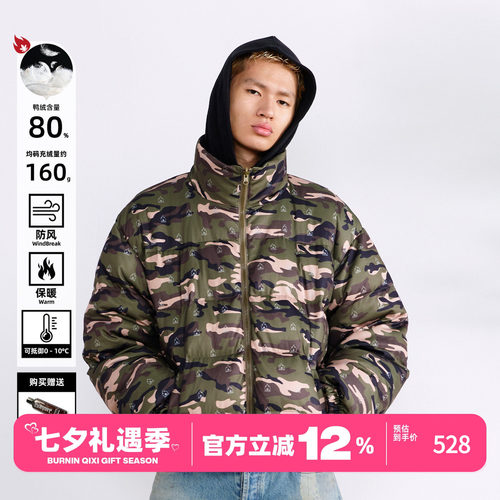 迷彩网眼华夫格双面穿羽绒服