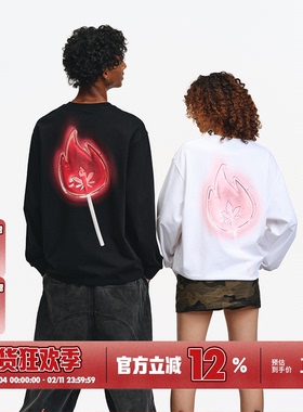 BURNIN*小火苗棒棒糖长袖T恤男女同款秋季休闲宽松国潮上衣百搭