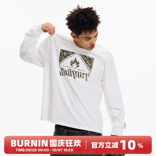 BURNIN*Logo Series星星纹理贴布绣重磅100%纯棉长袖T恤情侣男女