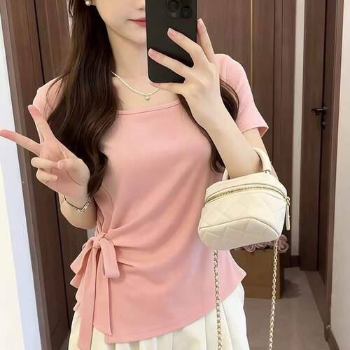 绑带短袖棉T恤女短款显瘦高级感